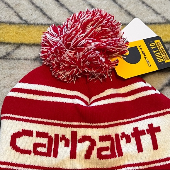 Carhartt Knit Pom Pom Cuffed Beanie Hat red and white striped Christmas NWT - Picture 9 of 10